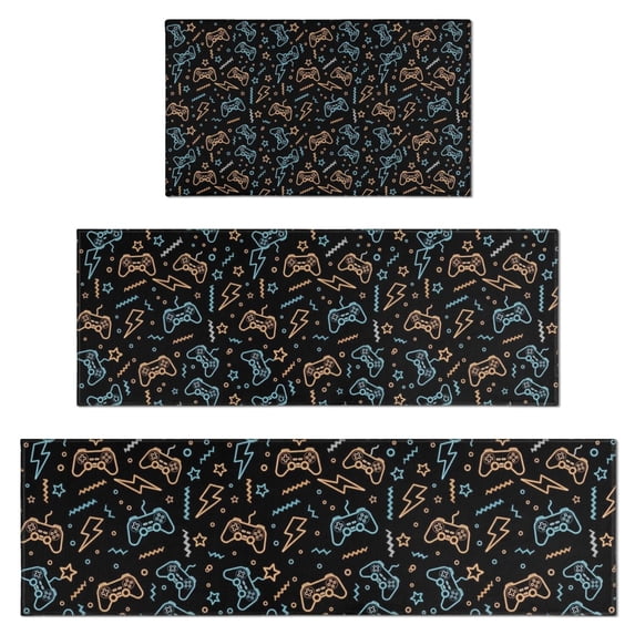 Colorful Games Element Black Pattern Kitchen Rugs Sets Of 3,Kitchen Runner Rugs Non Skid Washable,Decorative Kitchen Floor Mats for Kitchen,Sink,Laundry,17"x30"+ 17"x47" + 17"x59"