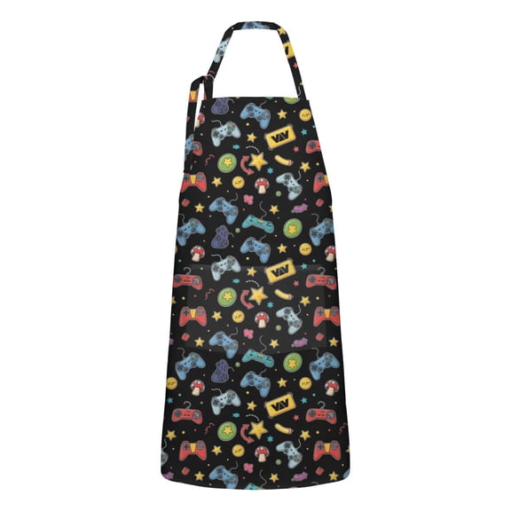 Colorful Games Icon Black Pattern Apron-Garden Aprons for Women with Pockets-Cotton Linen Waterproof Kitchen Cooking Gardening Aprons Adjustable for Kitchen,Cooking,BBQ and Salon 33x27 Inch