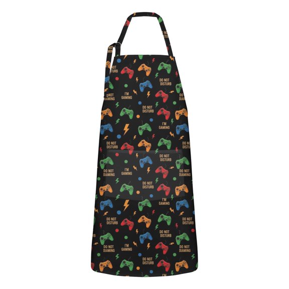 Colorful Games Sign Black Pattern Apron-Garden Aprons for Women with Pockets-Cotton Linen Waterproof Kitchen Cooking Gardening Aprons Adjustable for Kitchen,Cooking,BBQ and Salon 33x27 Inch
