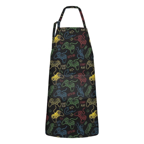 Colorful Games Sign Black Pattern Apron-Garden Aprons for Women with Pockets-Cotton Linen Waterproof Kitchen Cooking Gardening Aprons Adjustable for Kitchen,Cooking,BBQ and Salon 33x27 Inch