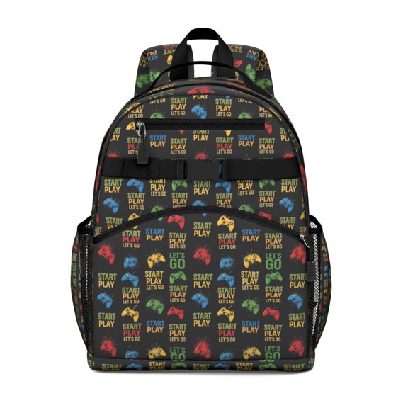 Colorful Games Symbol Black Pattern Backpack for School,Cute School Bag,Schoolbag with Adjustable Shoulder Straps & Padded Back,15.25"x11.5"x5.25"