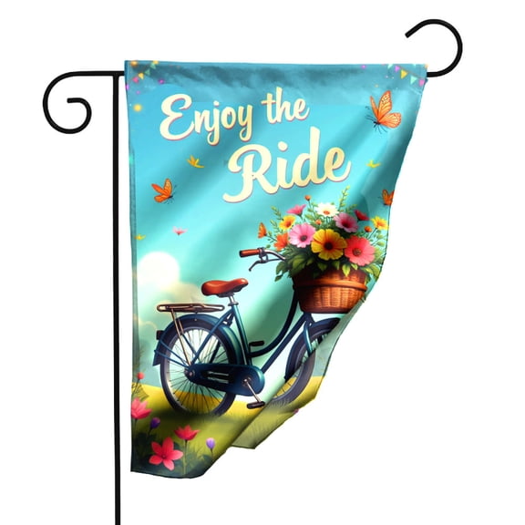 Colorful Garden Flag with Enjoy the Ride Design Double Sided Polyester Decorative Yard Flag for Spring Summer Outdoor Decor 12.5 x 18 Inch Bicycle Floral Butterfly Motif Housewarming Gift#26241