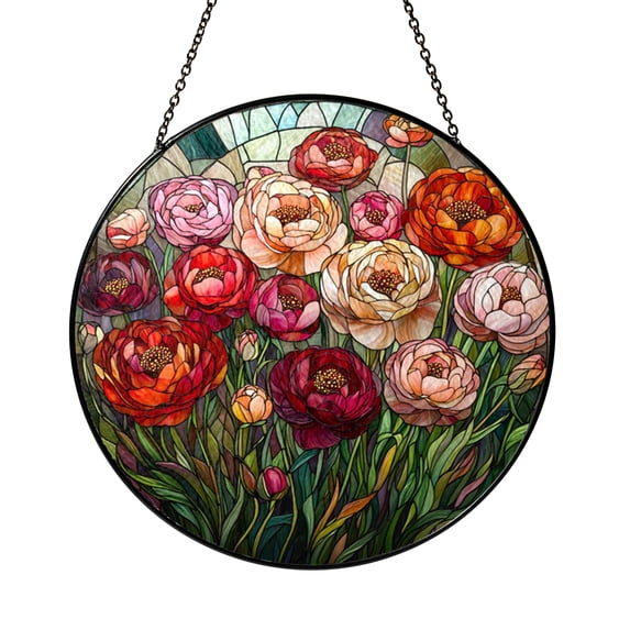 Colorful Garden Flowers Suncatcher Stained Glass Style Round Window ...