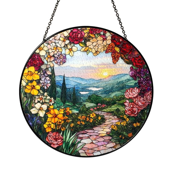Colorful Garden Pathway Stained Glass Suncatcher, Decorative Window Hanging, Flower Archway Window Art, Vibrant Floral Pathway Glass Ornament for Home or Garden Window Decor