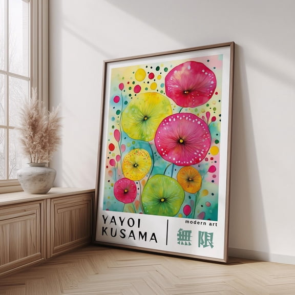 Colorful Garden Poster Modern Japanese Style Yayoi Kusama Inspired Wall Art Patchwork Inspired Floral Wall Art Poster Unframed Paper Print