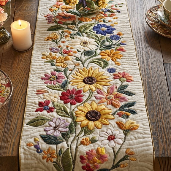 Colorful Garden Quilted Table Runner for Kitchen Table, Cozy Seasonal Home Dining Decor