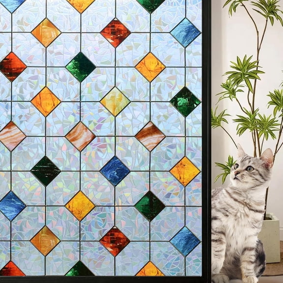 Colorful Gem Lattice Pattern Decorative Window Privacy Film Rainbow Stained Glass Window Film Classroom Decor Renter Friendly Decor (S533, 17.7in X 78.7in)