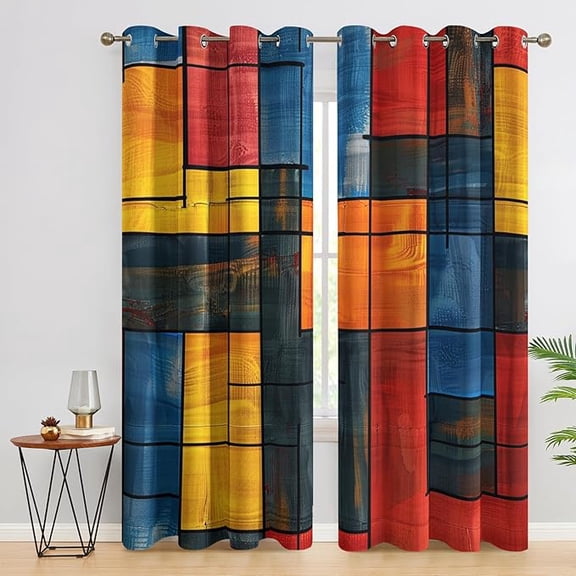 Colorful Geometric Blackout Curtains for Bedroom Decor, Red Yellow Blue Block Patterned Thermal Insulated Grommet Window Drapes, Colorful Geometric Living Room Decor 53"W x 84"L (Pack of 2)