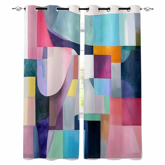 Colorful Geometric Blackout Curtains for Bedroom/Living Room, Thermal Insulated Kitchen Curtains, Modern Oil Painting Abstract Grommet Darkening Window Treatment Drapes 42"x84"x2