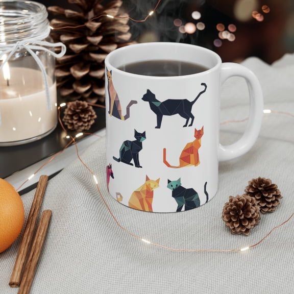 Colorful Geometric Cats Mug, Unique Feline Pattern Coffee Cup, Cat Lover Art Gift Ceramic Mug 11oz