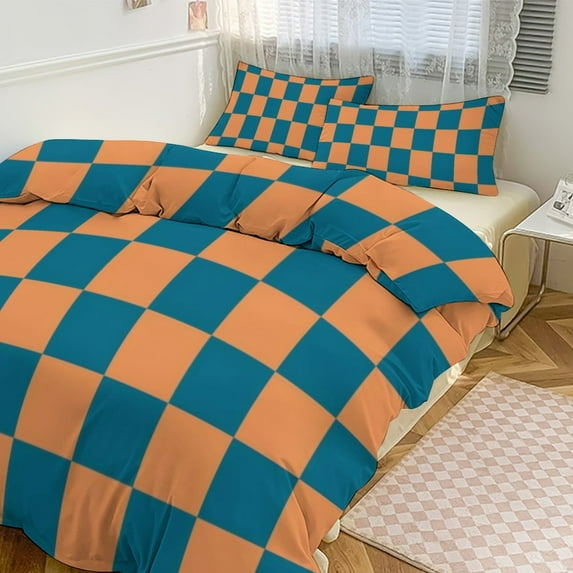 Colorful Geometric Checkered Duvet Cover Set Themed Multicolor Polyester Bedding Set for Bedroom Decoration