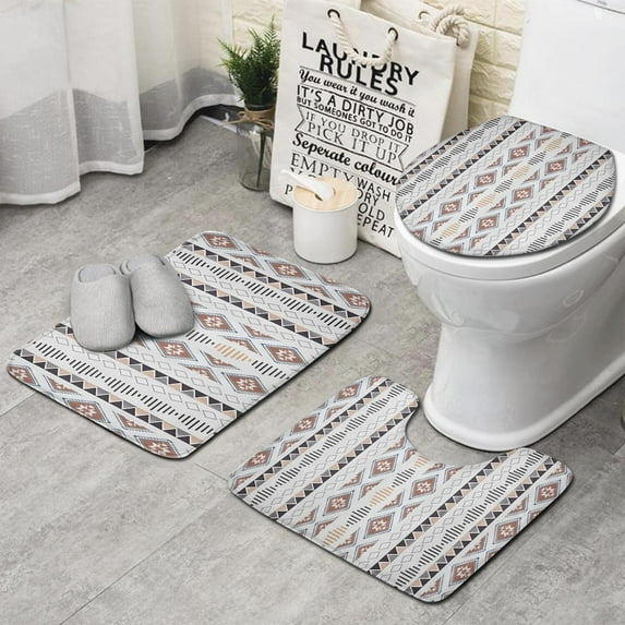 Colorful Geometric Diamond Pattern Bathroom Rugs Sets 3 Piece,Toilet Cover Set,Absorbent Non Slip Bathroom Mats Sets with U-Shaped Contour Rug Toilet Rug Set