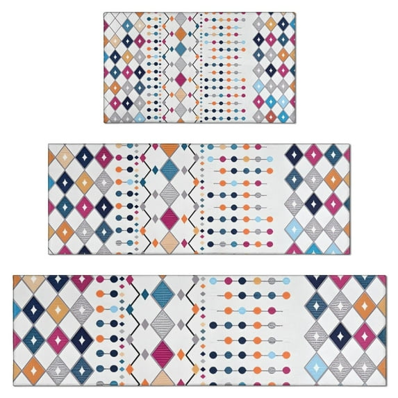 Colorful Geometric Diamond Pattern Kitchen Rugs Sets Of 3,Kitchen Runner Rugs Non Skid Washable,Decorative Kitchen Floor Mats for Kitchen,Sink,Laundry,17"x30"+ 17"x47" + 17"x59"