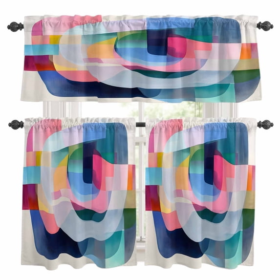 Colorful Geometric Kitchen Curtains Sets for Windows 24 Inch Length, Art Color Block Modern Abstract Rod Pocket Window Treatments Tier Curtains and Valances Set for Bedroom/Bathroom