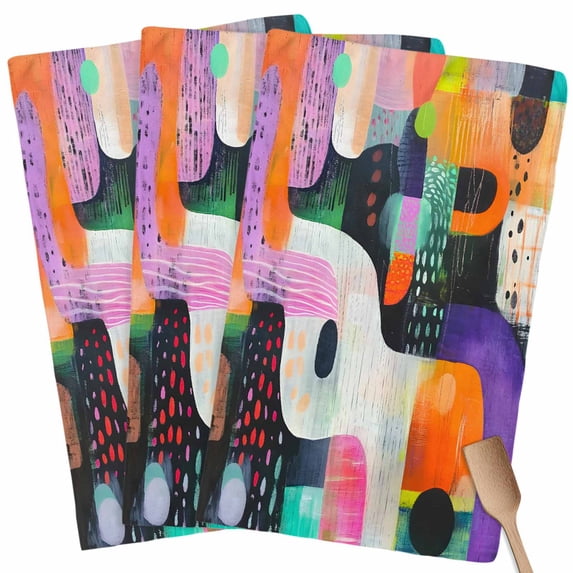 Colorful Geometric Kitchen Towel Dish Cloths Set of 3, Microfiber Soft Kitchen Hand Towels, Contemporary Abstract Artwork Absorbent Quick Drying Dishcloths 18 x 28 Inches
