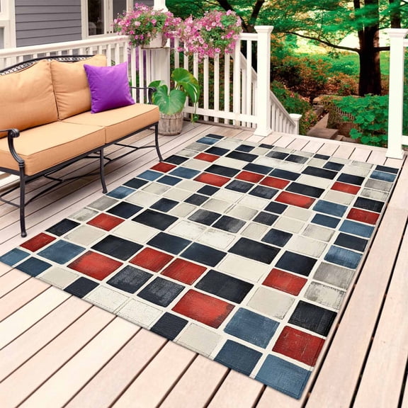 Colorful Geometric Outdoor Rug for Patio/Deck/Porch, Non-Slip Large Area Rug 4 x 6 Ft, Modern Red Blue Beige Block Indoor Outdoor Rugs Washable Area Rugs, Reversible Camping Rug Carpet Runner