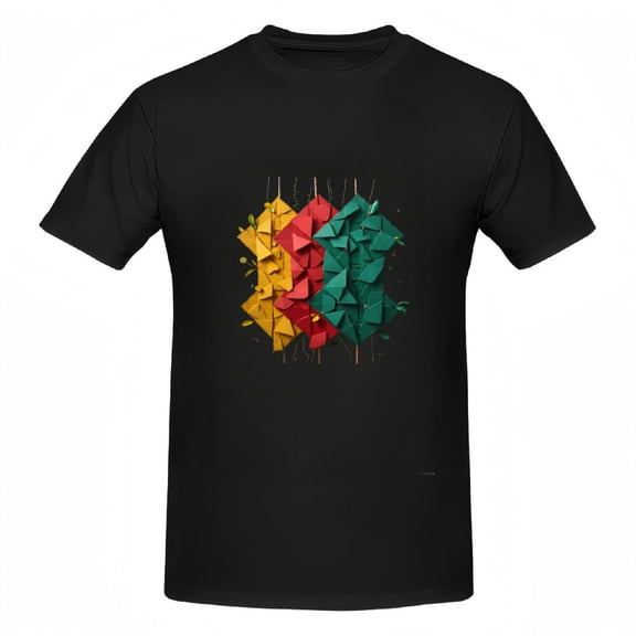 Colorful Geometric Paper - Cut Design Cotton Short Sleeve T-Shirt - Yellow Red & Green Faceted Pattern Tee Top