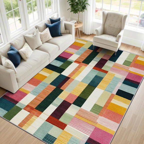 Colorful Geometric Patchwork Area Rug, Abstract Pattern Carpet, Washable Non Slip Low Pile Soft Thin, Living Room Bedroom Kitchen Study Home Decor Mat 2x3ft(Small)