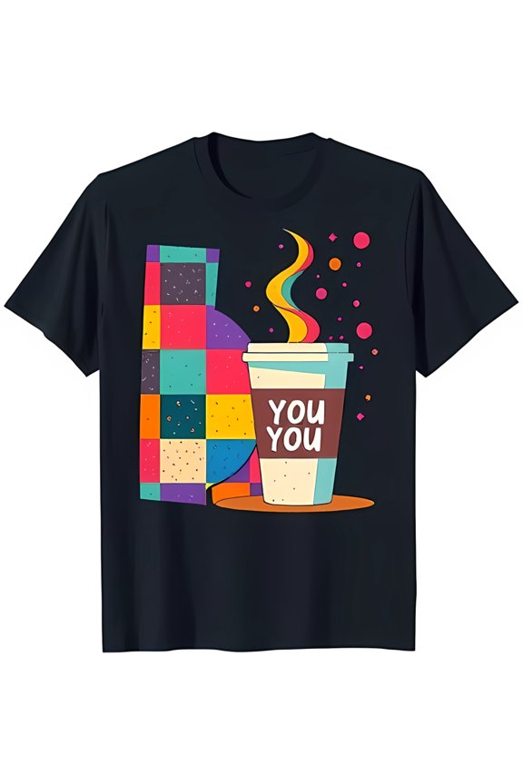 Colorful Geometric Pattern & Coffee Cup Graphic Black T-Shirt for Trendy Style