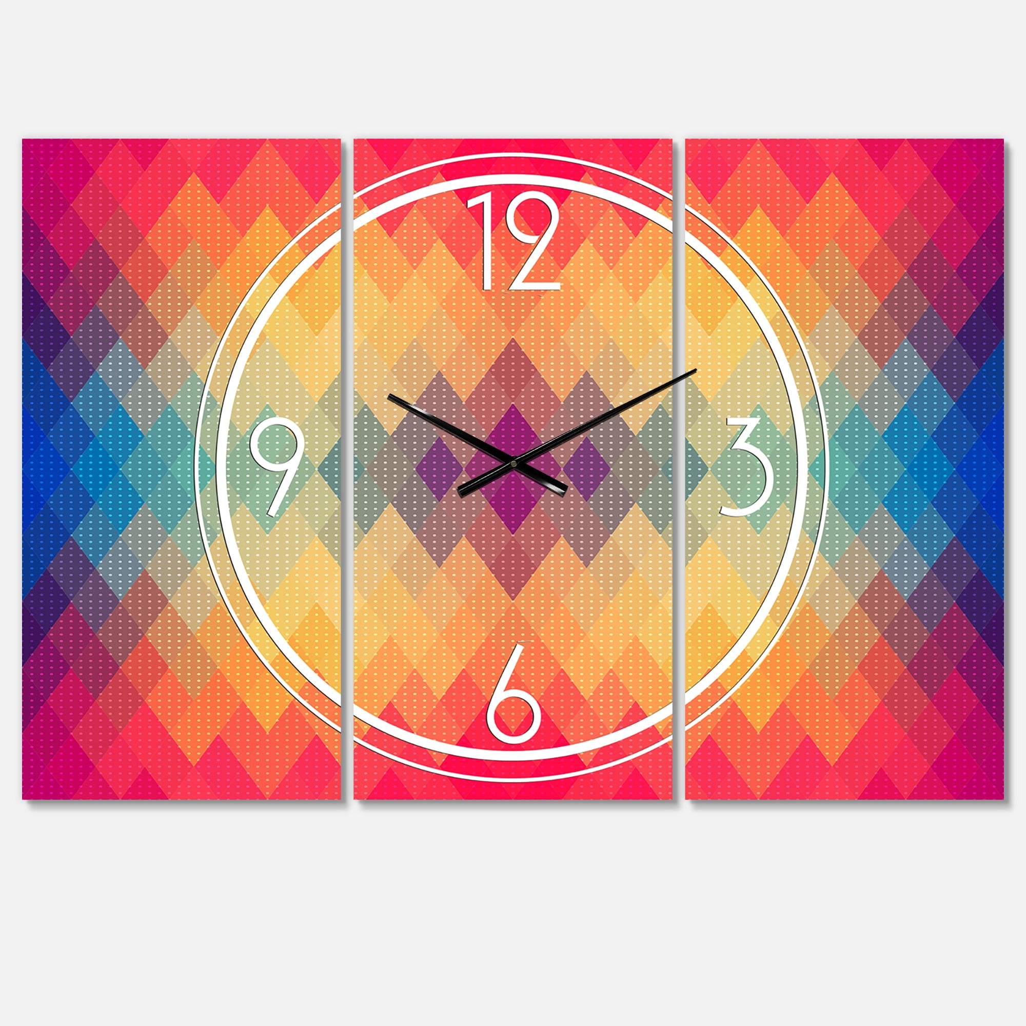Colorful Geometric Pattern' Modern & Contemporary 3 Panels Oversized Metal Clock
