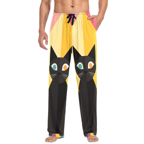 Colorful Geometric Patterns with Cats Mens Cotton Pajama Pant Sleep and Lounge Bottons with Pockets