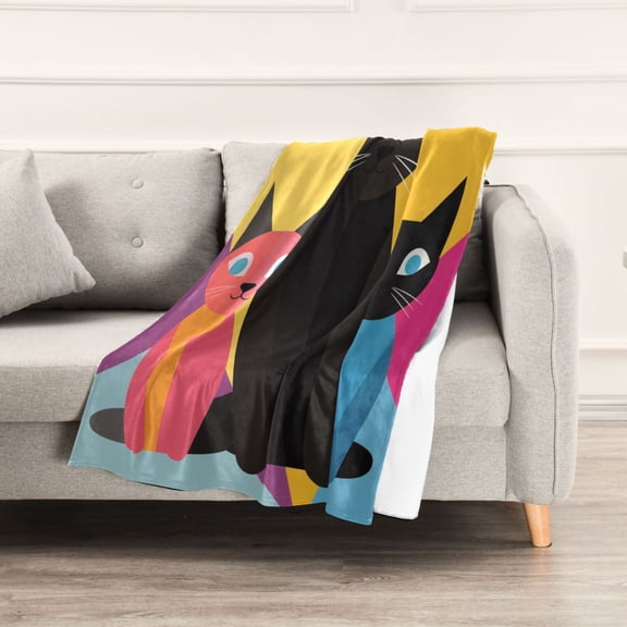 Colorful Geometric Patterns with Cats Throw Blanket 60" x 90" Soft and Warm Blankets for Couch Sofa and Bed