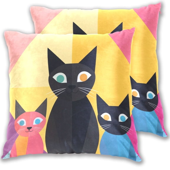 Colorful Geometric Patterns with Cats Throw Pillow Covers 16x16 Inch 2 Packs Decorative Square for Living Room Couch Bed Sofa