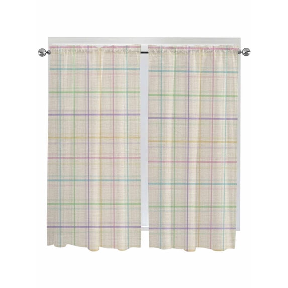Colorful Geometric Plaid Bathroom Window Curtain, Simple Vintage Grid Beige Light Filtering Coffee Kitchen Curtains, Bedroom Living Room Curtains 2 Panel 84"x63"