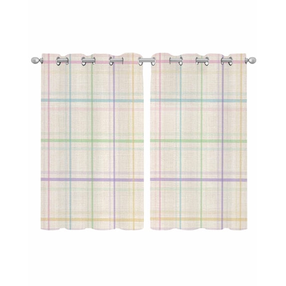 Colorful Geometric Plaid Sheer Curtains 39 Inch Length 2 Panels Set for Living Room/Bedroom, Simple Vintage Grid Beige Kitchen Curtains Grommet Semi-Sheer Curtains Window Treatments 27.5"x39"x2