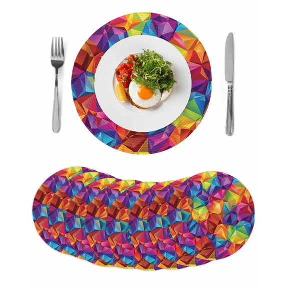 Colorful Geometric Round 13 Inch Placemats Set of 8, Modern Rainbow Ombre Abstract Art HeatResistant Non Slip Place Mats for Dining Table, Wipeable Braided Kitchen Table Mats for Housewarming