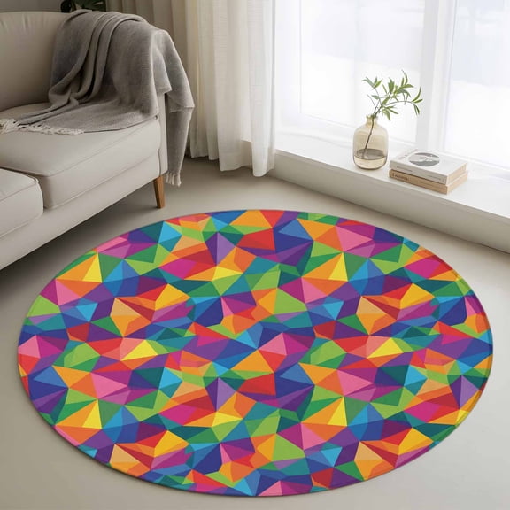 Colorful Geometric Round Area Rug 4ft, Modern Multicolor Abstract Motifs Washable Non-Slip Circle Rugs for Bedroom Living Room Kitchen, Soft Non Shedding Circle Carpet for Dining Room Dorm