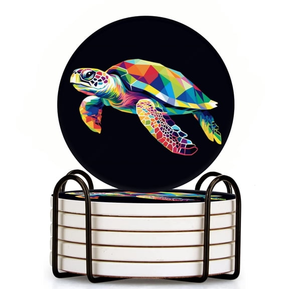 Colorful Geometric SeTurtle Vector Illustration On Black Background Set of 6 Ceramic Coasters with Holder, Absorbent Drink Bar Coasters, Table Coasters for Living Room Decor Tabletop Protection