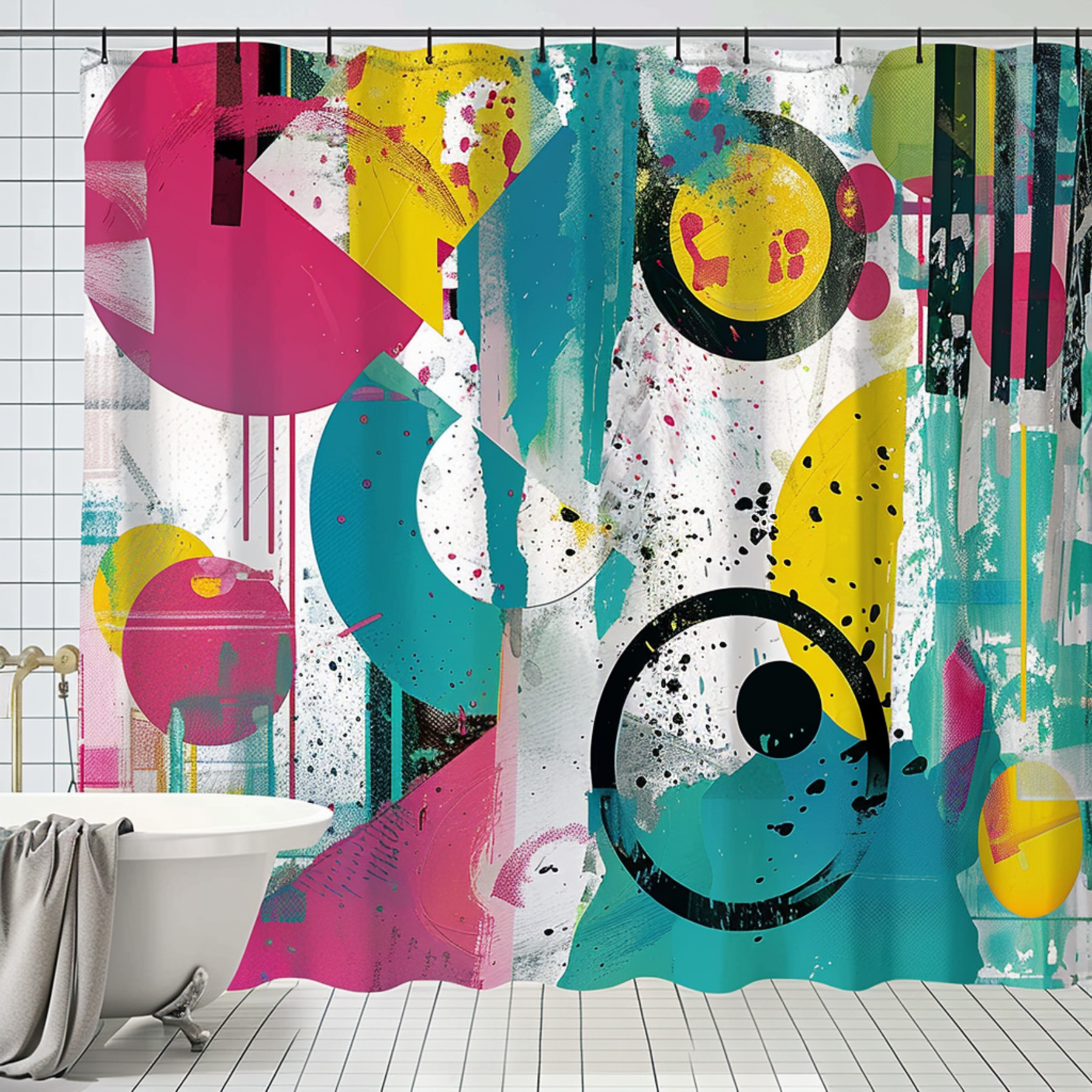 Colorful Geometric Shapes Graffiti Shower Curtain Retro 80s Design with ...