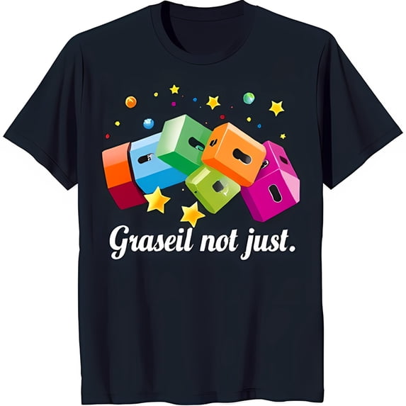 Colorful Geometric Shapes & Stars Graphic on Dark Blue T-Shirt 'Graseil Not Just'