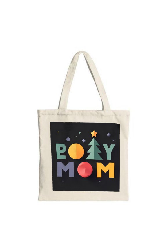 Colorful Geometric Shapes Tote Bag - Bold ' POYAMOM ' Design on Dark Background Perfect for Shopping Travel & Parties