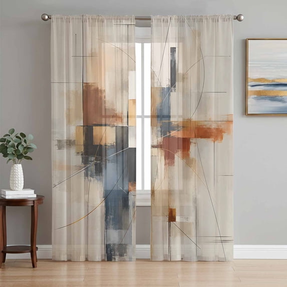 Colorful Geometric Sheer Curtains 63 Inch Length 2 Panels Set, Contemporary Abstract Striped Ombre Art Window Treatment Rod Pocket Curtains Sheers Drapes for Bedroom/Living Room/Kitchen 52x"63"x2