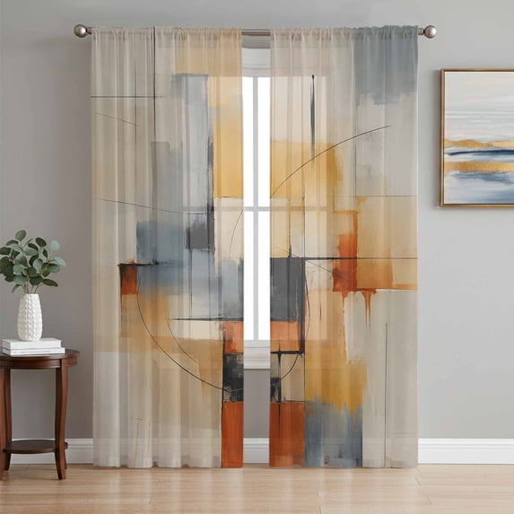Colorful Geometric Sheer Curtains 63 Inch Length 2 Panels Set, Vintage Rustic Abstract Striped Voile Window Treatment Rod Pocket Curtains Sheers Drapes for Bedroom/Living Room/Kitchen 52x"63"x2