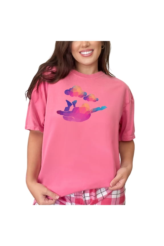 Colorful Geometric Skydiver with Clouds, Crunchberry Comfort Colors T-Shirt, Small