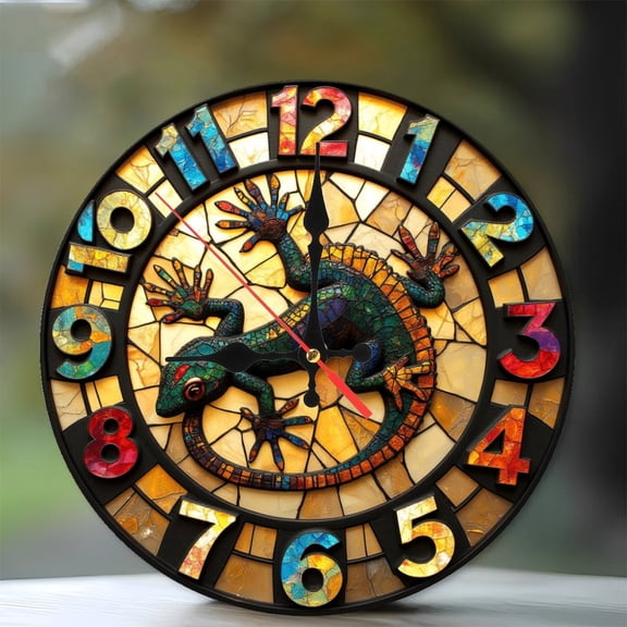 Colorful Geometric Stained Glass Lizard Wall Clock 10-Inch Silent Wooden Wall Clock, Battery Operated (AA Batteries Not Included), Artistic Home Decor