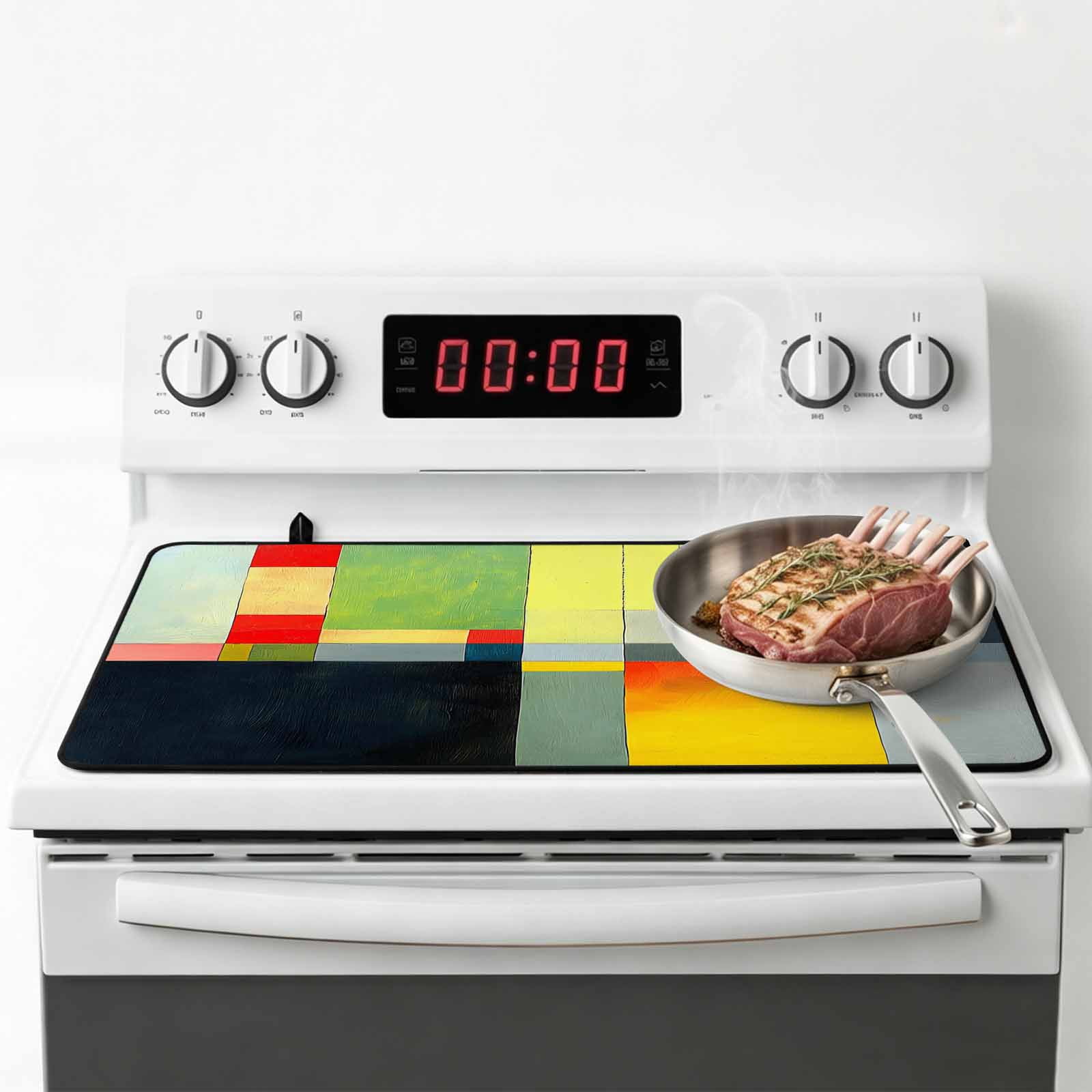 Colorful Geometric Stove Top Cover for Electric Stove, Heat-proof & Non Slip Glass Top Stove Cover Protector, Color Block Abstract Contemporary Kitchen Flat Cooktop Rubber Mat 24x21 Inches