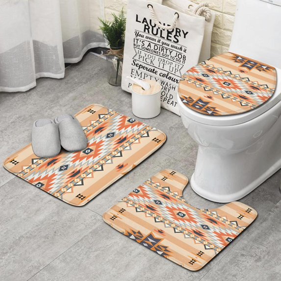 Colorful Geometric Striped Pattern Bathroom Rugs Sets 3 Piece,Toilet Cover Set,Absorbent Non Slip Bathroom Mats Sets with U-Shaped Contour Rug Toilet Rug Set