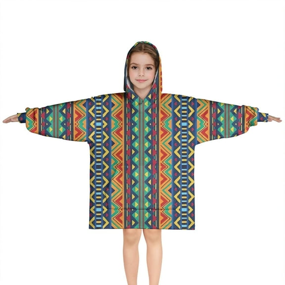 Colorful Geometric Striped Pattern Blanket Hoodies for Kids 6-13YR Oversize Wearable Blanket Hoodies for Boys Girls Teens