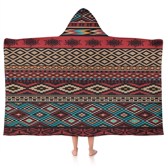 Colorful Geometric Striped Pattern Hooded Bath Towel，50"x30" for Ages 3 To 12 Kids, Quick Dry Lightweight Soft Microfiber Hood Beach Towel Cover Up for Kids