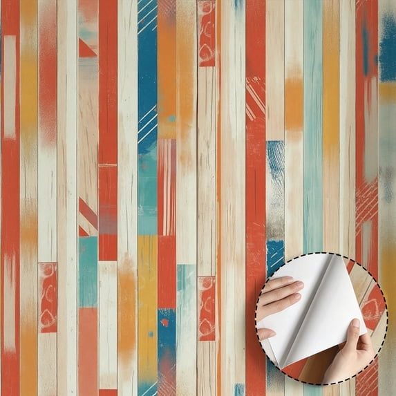 Colorful Geometric Striped Wood Wallpaper Rustic Boho Modern Self Adhesive Removable Waterproof Wall Decor for Living Room Bedroom Bathroom Kitchen Cabinet Drawer 17.7 * 118 in