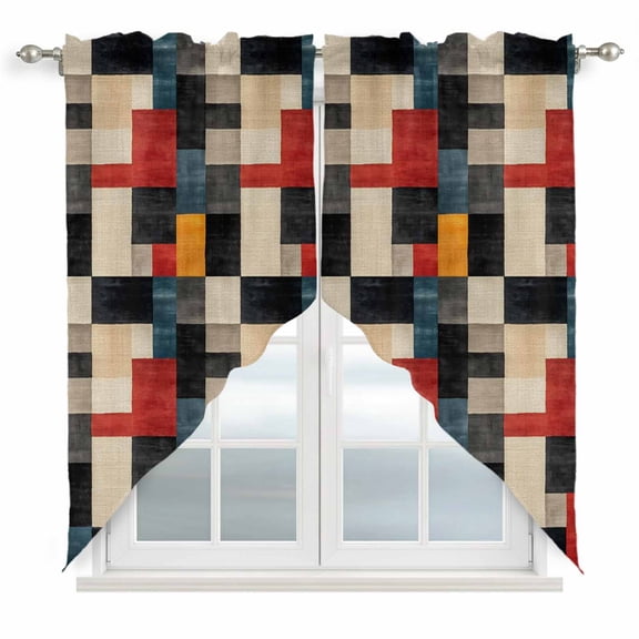 Colorful Geometric Swag Curtains Modern Abstract Art Block Swag Valances for Kitchen Windows, Window Treatment Topper Curtains for Living Room Bedroom Bathroom, 28" W x 36" L