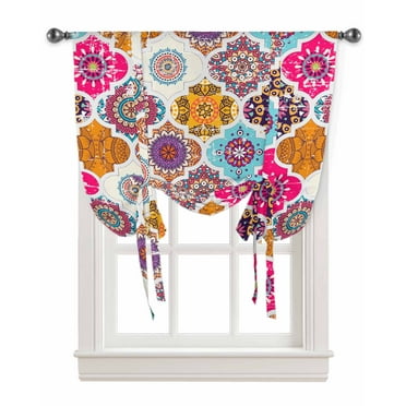 Colorful Geometric Tie Up Curtains for Kitchen Bathroom Bedroom Windows 45 Inch Length, Boho Moroccan Vintage Flowers Balloon Drape Curtains Shade Rod Pocket Drapery Curtain Panel, 42"x54"