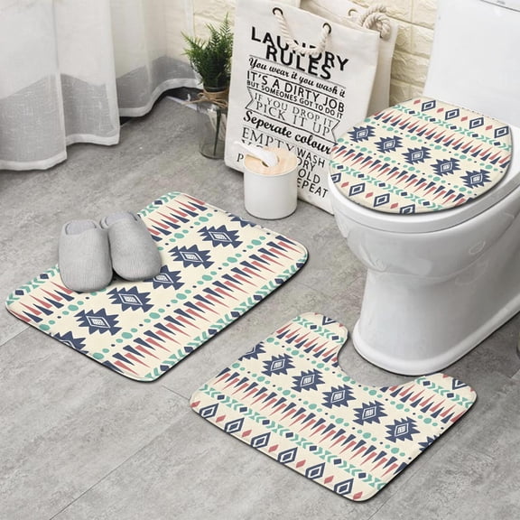 Colorful Geometric Triangle Diamond Pattern Bathroom Rugs Sets 3 Piece,Toilet Cover Set,Absorbent Non Slip Bathroom Mats Sets with U-Shaped Contour Rug Toilet Rug Set