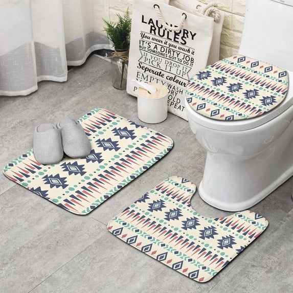 Colorful Geometric Triangle Diamond Pattern Bathroom Rugs Sets 3 Piece,Toilet Cover Set,Absorbent Non Slip Bathroom Mats Sets with U-Shaped Contour Rug Toilet Rug Set
