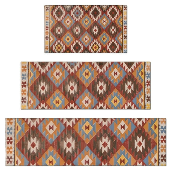 Colorful Geometric Triangle Diamond Pattern Kitchen Rugs Sets Of 3,Kitchen Runner Rugs Non Skid Washable,Decorative Kitchen Floor Mats for Kitchen,Sink,Laundry,17"x30"+ 17"x47" + 17"x59"