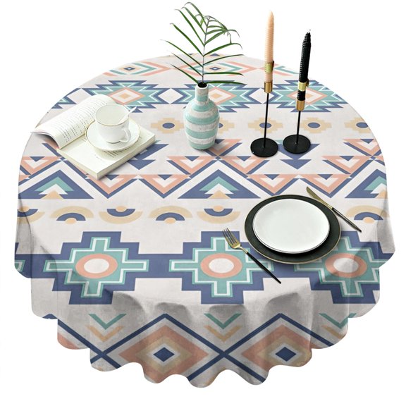 Colorful Geometric Triangle Diamond Pattern Round Tablecloth 60"x60",Wrinkle Wipeable Table Cloth for Kitchen Dining Room Picnic Patio Party